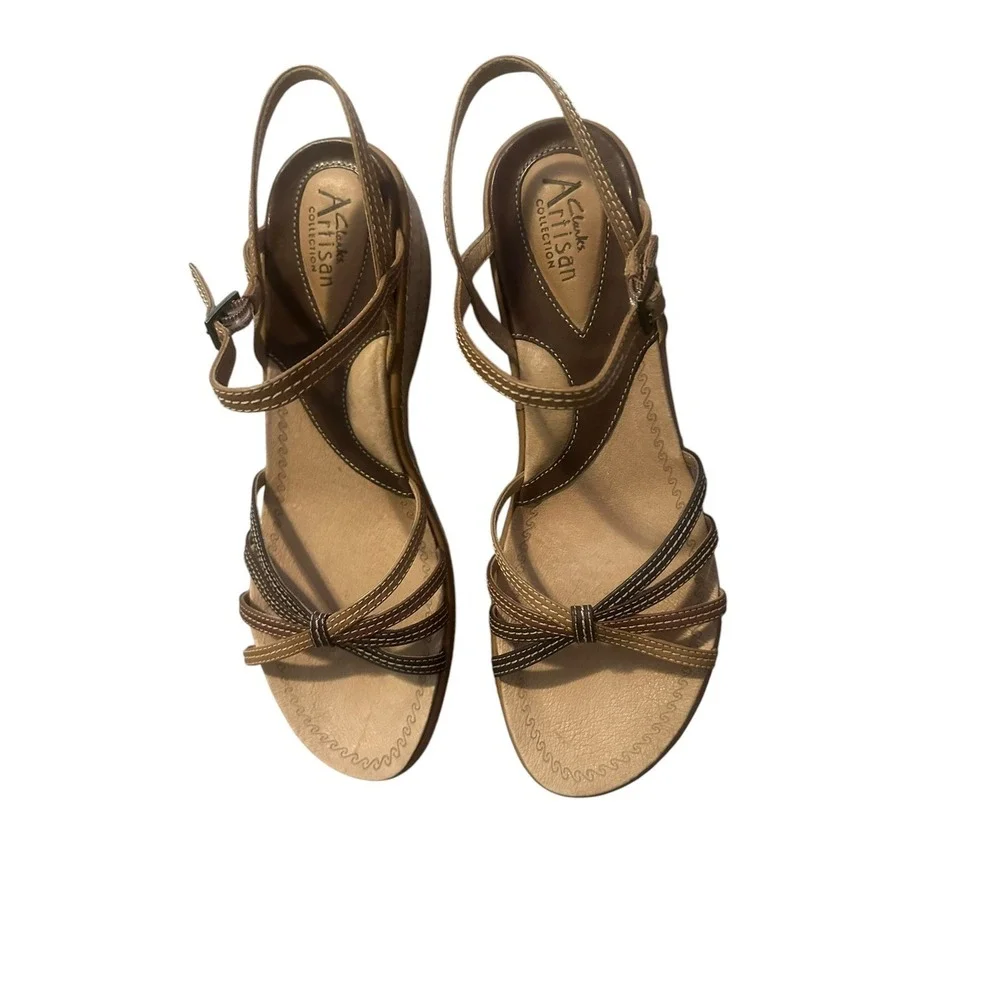 Clarks Artisan Beige Leather Espadrille Wedge Sandals Womens 10 Strappy Casual